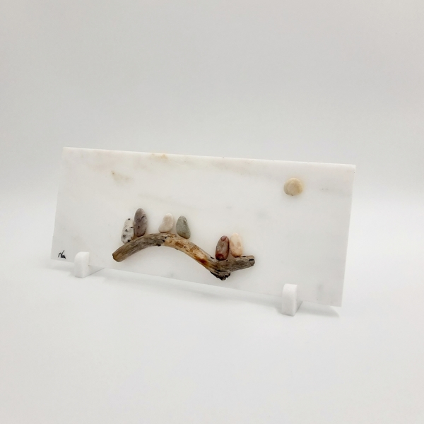 Μάρμαρο διακοσμητικό με παράσταση από βότσαλα και θαλασσόξυλα, πουλιά (25x10cm) - πέτρα, χειροποίητα, δώρα γενεθλίων, διακοσμητικά, ιδεά για δώρο - 3