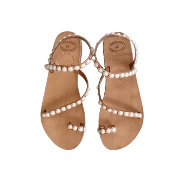 Δερμάτινα σανδάλια Pearl flats - δέρμα, πέρλες, φλατ, ankle strap, φθηνά