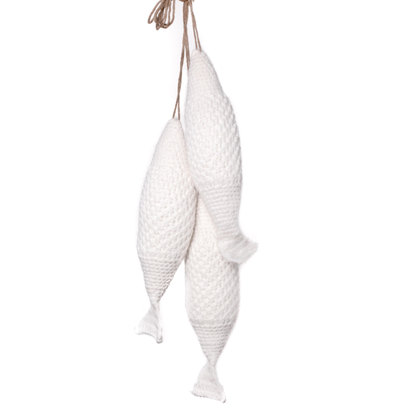 Πλεκτά κρεμαστά διακοσμητικά Ψαράκια - Λευκό - ψάρι, διακόσμηση, κρεμαστά στοιχεία