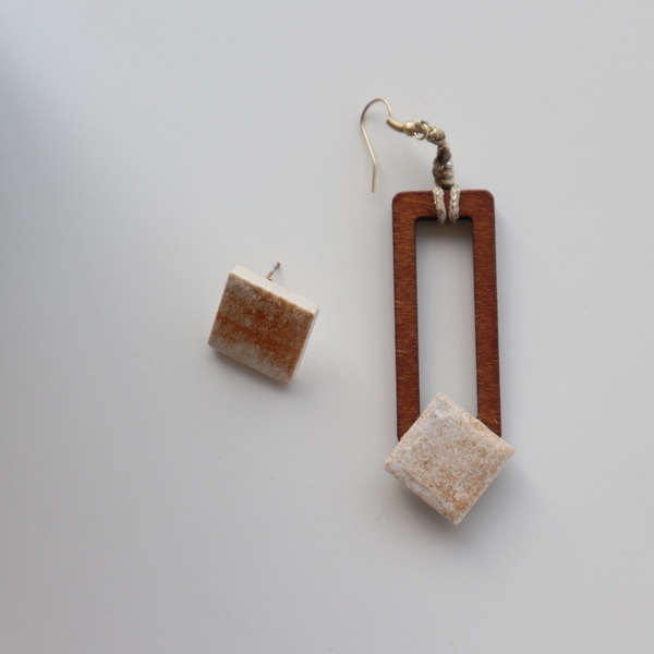 Tile & Wood Earrings - ξύλο, κρεμαστά - 3
