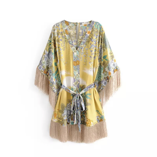 Kaftan Kimono Dress με κρόσσια - mini, φλοράλ