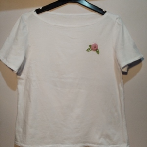 λευκό tshirt με κεντημένο μοτιφ ροζ τρυαντάφυλλο - βαμβάκι, κεντητά, λουλούδια