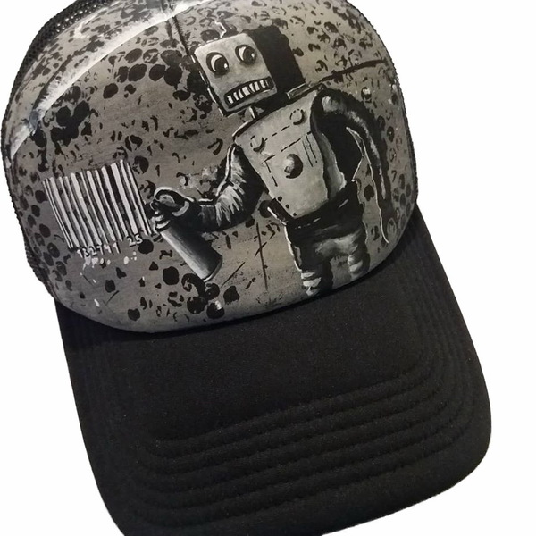 Custom / Handpainted καπέλο Robot & Bar-code - ζωγραφισμένα στο χέρι, customized, καπέλο