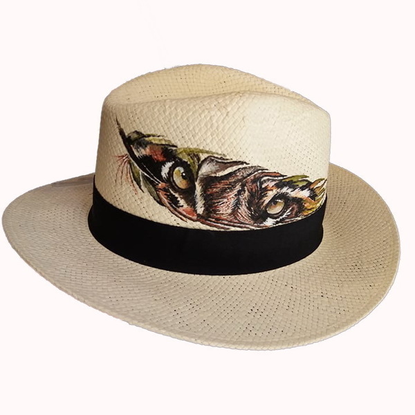 Custom / Handpainted γυναικείο καπέλο - ζωγραφισμένα στο χέρι, γυναικεία, φτερό, καπέλο, ψάθινα