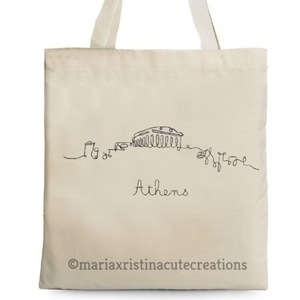 Πάνινη τσάντα Ζωγραφισμένη στο χέρι ♥ Athens Skyline - ύφασμα, ώμου, μεγάλες, all day, οικολογικό, tote, πάνινες τσάντες, φθηνές