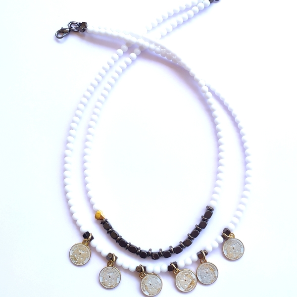 Layering necklace - χάντρες, κοντά, layering, μπρούντζος
