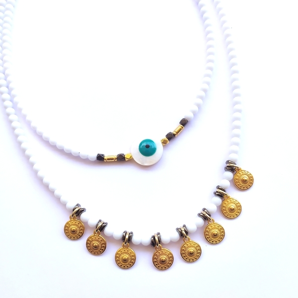 Layering necklace - φίλντισι, χάντρες, κοντά, layering, μπρούντζος
