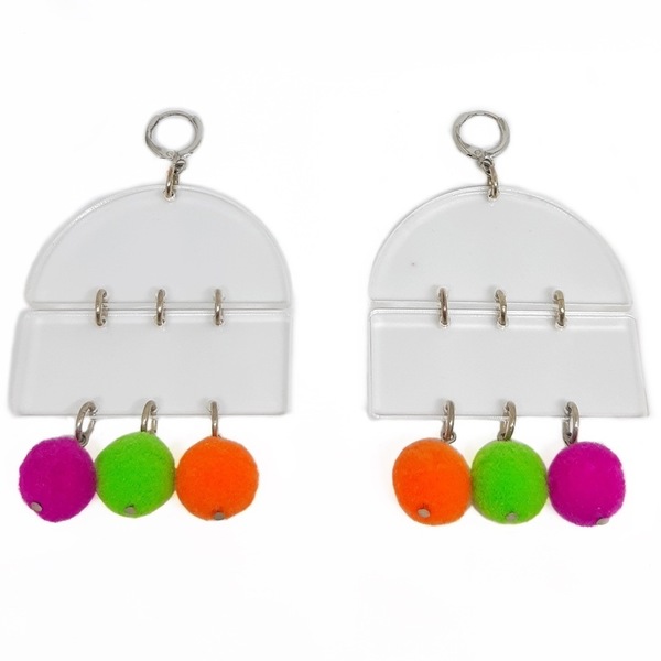 Σκουλαρίκια από plexiglass διαφανές με πολύχρωμα φουντάκια - με φούντες, plexi glass, κρεμαστά, μεγάλα, faux bijoux