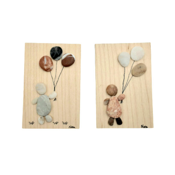 Σετ 2 ξύλινα μαγνητάκια με βότσαλα παιδάκια με μπαλόνια - ξύλο, κορίτσι, δώρα γενεθλίων, ιδεά για δώρο, μαγνητάκια ψυγείου