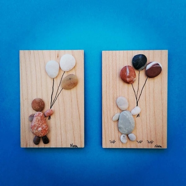 Σετ 2 ξύλινα μαγνητάκια με βότσαλα παιδάκια με μπαλόνια - ξύλο, κορίτσι, δώρα γενεθλίων, ιδεά για δώρο, μαγνητάκια ψυγείου - 2