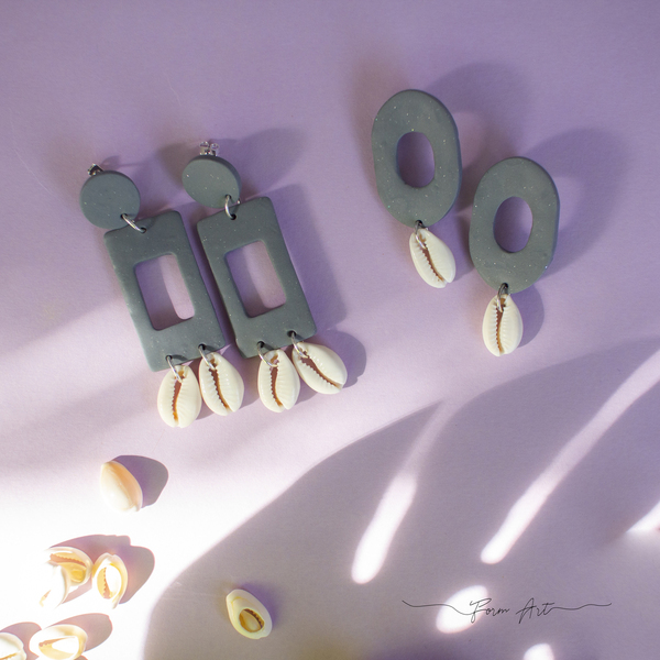 "Νηρηίδες" Σκουλαρίκια από πολυμερή πηλό - κοχύλι, πηλός, ατσάλι, κρεμαστά - 2