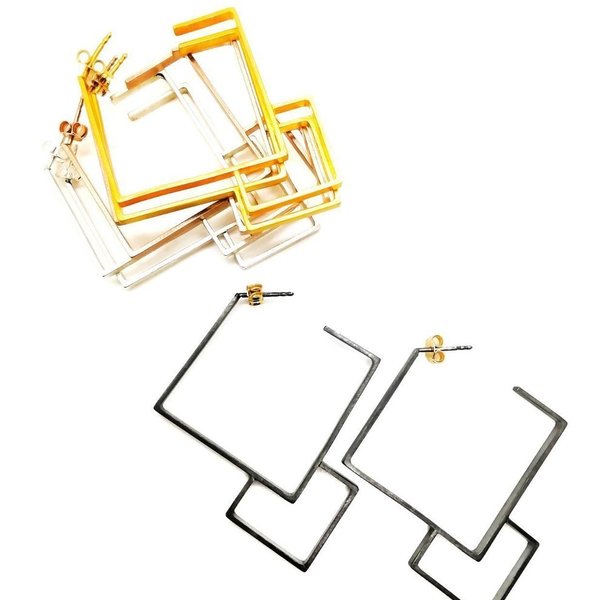 Minimal Γεωμετρικά Σκουλαρίκια "Διπλοί Ρόμβοι" - ασήμι, ορείχαλκος, γεωμετρικά σχέδια, μακριά, minimal, κρεμαστά - 2