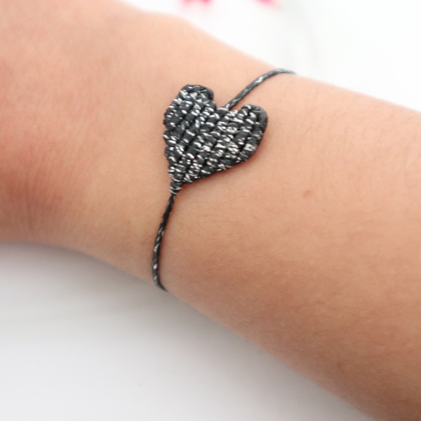 Black Heart Bracelet - καρδιά, μακραμέ, γιορτή της μητέρας, χεριού, αυξομειούμενα - 2