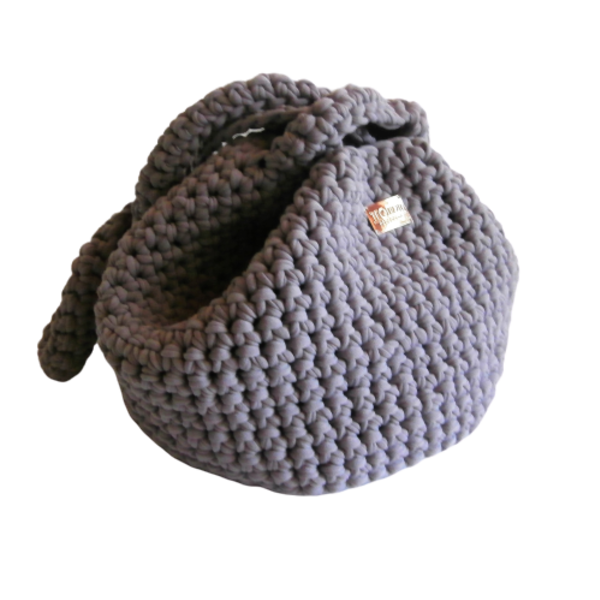 Pullthrough Bag, τσάντα με γκρι t-shirt yarn, Japanese Knot Bag - ώμου, crochet, χειροποίητα, πλεκτές τσάντες, μικρές