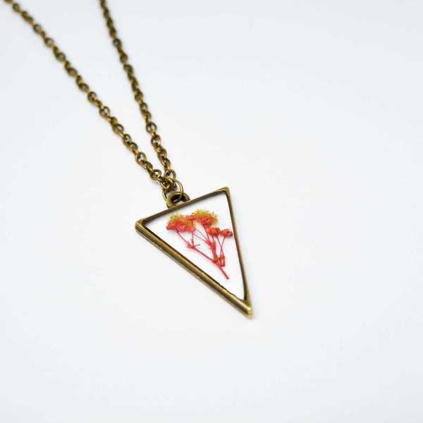 Dry flower triangle pendant! - charms, μακριά, λουλούδι, μπρούντζος, εποξική ρητίνη, αποξηραμένα άνθη, φθηνά