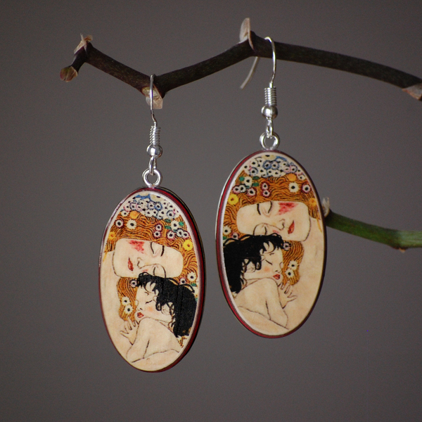 Σκουλαρίκια Klimt - Mother & Child - ασήμι, χαρτί, κρεμαστά, μεγάλα - 3
