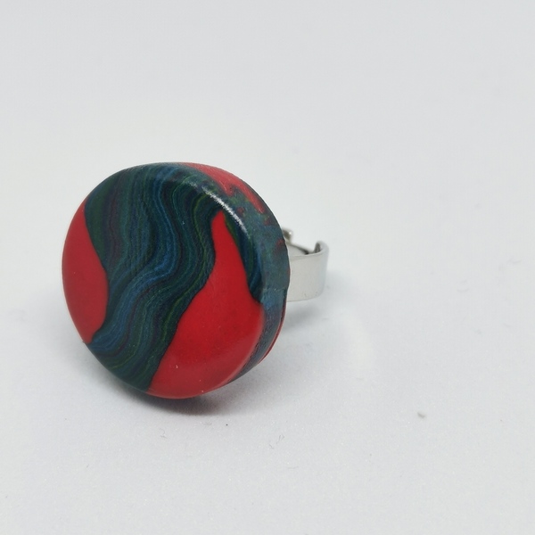 Δαχτυλίδι από πηλό γκρι-κόκκινο / polymer clay ring - πηλός, χειροποίητα, μεγάλα, αυξομειούμενα, φθηνά - 2