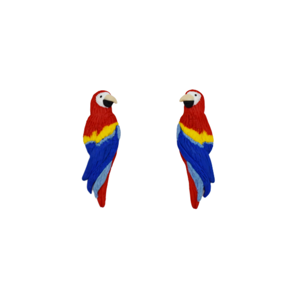 "Red macaws"- Χειροποίητα μακριά καρφωτά σκουλαρίκια με παπαγάλους red macaw (6εκ.) (ατσάλι) - καρφωτά, ατσάλι, πηλός, φθηνά, μακριά, καρφάκι