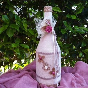 Διακοσμητική μπουκάλα με σπάγκο και λουλούδια - ύφασμα, γυαλί, διακοσμητικά, διακοσμητικά μπουκάλια - 4