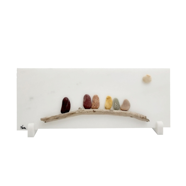 Μάρμαρο διακοσμητικό με παράσταση από βότσαλα και θαλασσόξυλα, πουλάκια (25x10cm) - πέτρα, χειροποίητα, διακοσμητικά, ιδεά για δώρο, βότσαλα