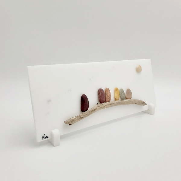 Μάρμαρο διακοσμητικό με παράσταση από βότσαλα και θαλασσόξυλα, πουλάκια (25x10cm) - πέτρα, χειροποίητα, διακοσμητικά, ιδεά για δώρο, βότσαλα - 3
