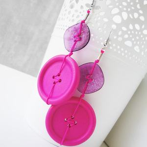 Σκουλαρίκια ροζ κουμπιά - statement, μακριά, κρεμαστά, μεγάλα σκουλαρίκια - 3