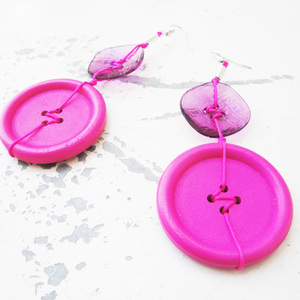 Σκουλαρίκια ροζ κουμπιά - statement, μακριά, κρεμαστά, μεγάλα σκουλαρίκια - 4