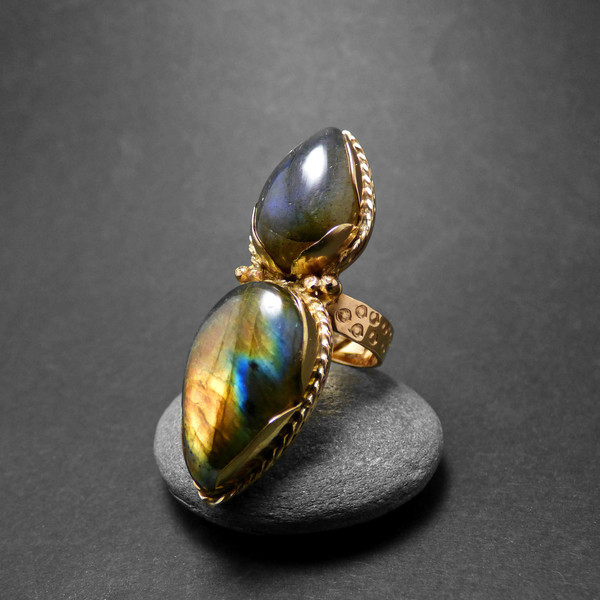 " Gold Labradorite Teardrop " - Χειροποίητο επίχρυσο δαχτυλίδι με Λαβραδορίτη! - ημιπολύτιμες πέτρες, επιχρυσωμένα, boho, αυξομειούμενα - 2