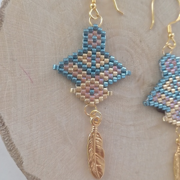 Κρεμαστά tribal σκουλαρίκια με φτερό - ασήμι, γυαλί, επιχρυσωμένα, boho, κρεμαστά - 2
