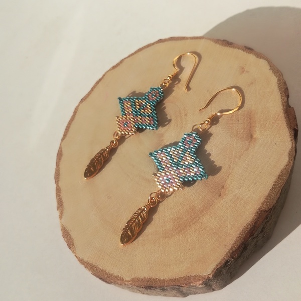 Κρεμαστά tribal σκουλαρίκια με φτερό - ασήμι, γυαλί, επιχρυσωμένα, boho, κρεμαστά - 4