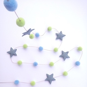 Διακοσμητική Γιρλάντα με Γαλάζια και Πράσινα Πον Πον και Υφασμάτινα Αστέρια - αγόρι, αστέρι, γιρλάντες, pom pom, αγορίστικο