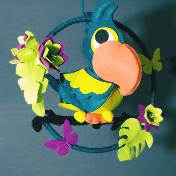 Μομπιλε υφασμάτινο κρεμαστό για παιδικό δωμάτιο παπαγάλος "jojo the naughty parrot" 26εκ. - δώρο, μόμπιλε, δώρα γενεθλίων, δωμάτιο παιδιών - 5