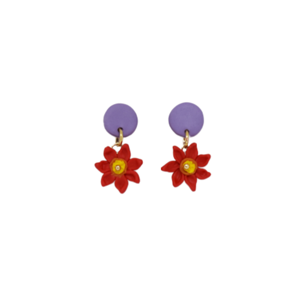 "Purple and red"- Χειροποίητα μικρά καρφωτά σκουλαρίκια με κόκκινα λουλούδια (ατσάλι) - πηλός, λουλούδι, καρφωτά, μικρά, ατσάλι, boho, φθηνά