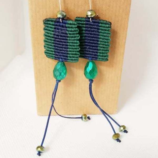 Μακραμέ σκουλαρίκια διχρωμία πράσινο-μπλε - μακραμέ, μακριά, κρεμαστά - 2