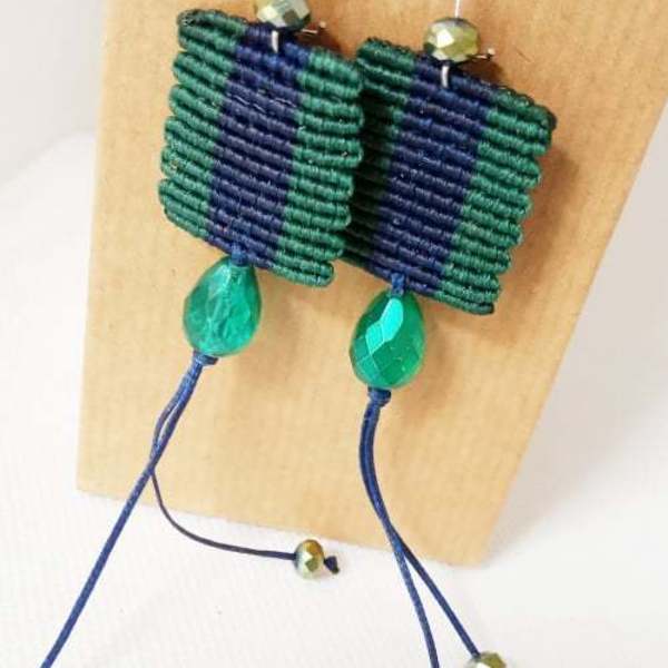 Μακραμέ σκουλαρίκια διχρωμία πράσινο-μπλε - μακραμέ, μακριά, κρεμαστά - 3