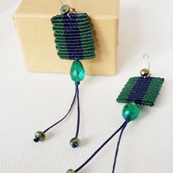 Μακραμέ σκουλαρίκια διχρωμία πράσινο-μπλε - μακραμέ, μακριά, κρεμαστά - 5