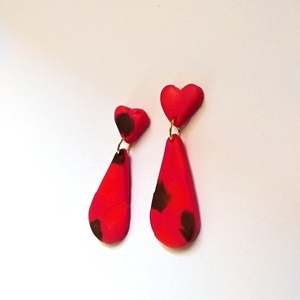 Κρεμαστα σκουλαρίκια κοκκινα με καρδια - καρδιά, πηλός, boho, κρεμαστά, faux bijoux, φθηνά - 2
