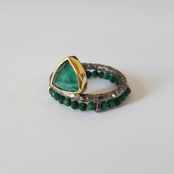 Malachite Triangle Ring-Ασημένιο Δαχτυλίδι με ημιπολύτιμες πέτρες - ημιπολύτιμες πέτρες, επιχρυσωμένα, ασήμι 925, χειροποίητα