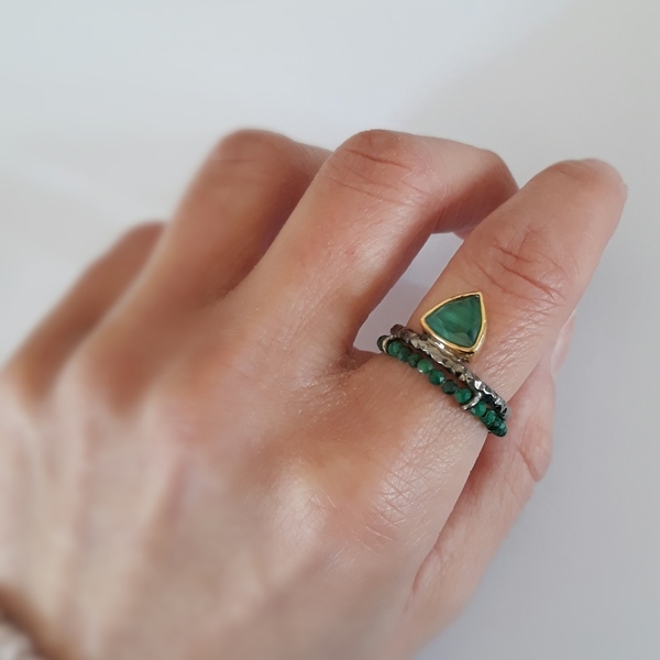 Malachite Triangle Ring-Ασημένιο Δαχτυλίδι με ημιπολύτιμες πέτρες - ημιπολύτιμες πέτρες, επιχρυσωμένα, ασήμι 925, χειροποίητα - 2