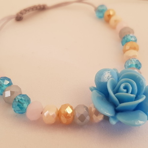 Βραχιολι γαλάζιο τριαντάφυλλο - κορδόνια, χάντρες, αυξομειούμενα - 3