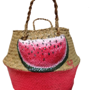 Ψάθινη τσάντα παραλίας/θαλάσσης ζωγραφισμένη με θέμα "ΚΑΡΠΟΥΖΙ" - μεγάλες, θαλάσσης, πλεκτές τσάντες, φθηνές