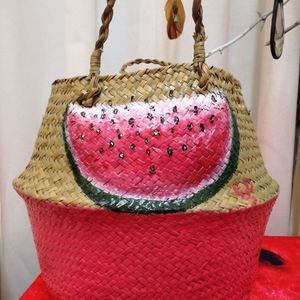 Ψάθινη τσάντα παραλίας/θαλάσσης ζωγραφισμένη με θέμα "ΚΑΡΠΟΥΖΙ" - μεγάλες, θαλάσσης, πλεκτές τσάντες, φθηνές - 5