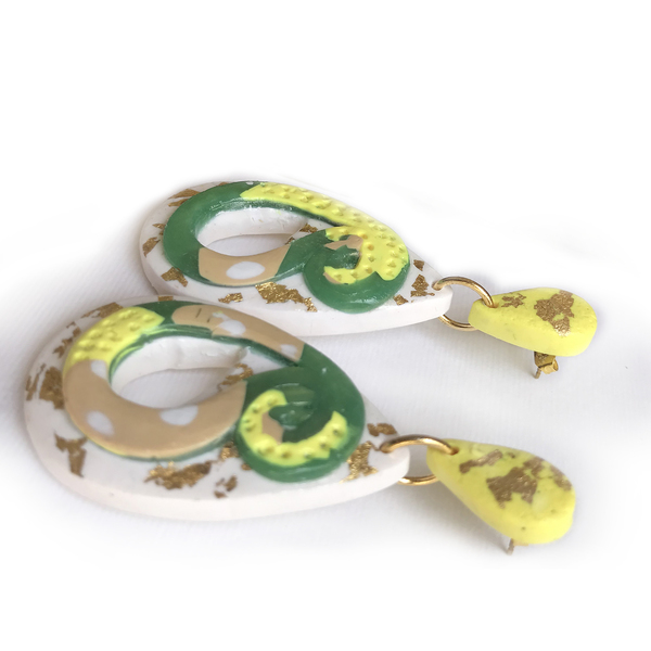 Σκουλαρίκια από πολυμερικό πηλό σε πράσινο κίτρινο χρυσό - 7 εκ - πηλός, μακριά, κρεμαστά, faux bijoux - 2
