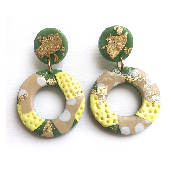 Σκουλαρίκια από πολυμερικό πηλό σε πράσινο κίτρινο χρυσό - 6,8 εκ - πηλός, μακριά, κρεμαστά, faux bijoux