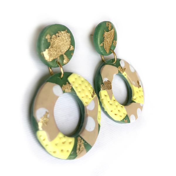 Σκουλαρίκια από πολυμερικό πηλό σε πράσινο κίτρινο χρυσό - 6,8 εκ - πηλός, μακριά, κρεμαστά, faux bijoux - 2