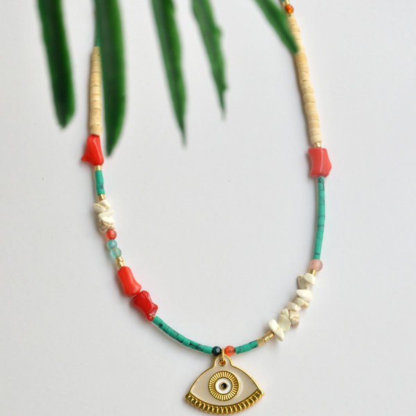 Tropical necklace Eye - κοράλλι, επιχρυσωμένα, ορείχαλκος, μάτι, κοντά