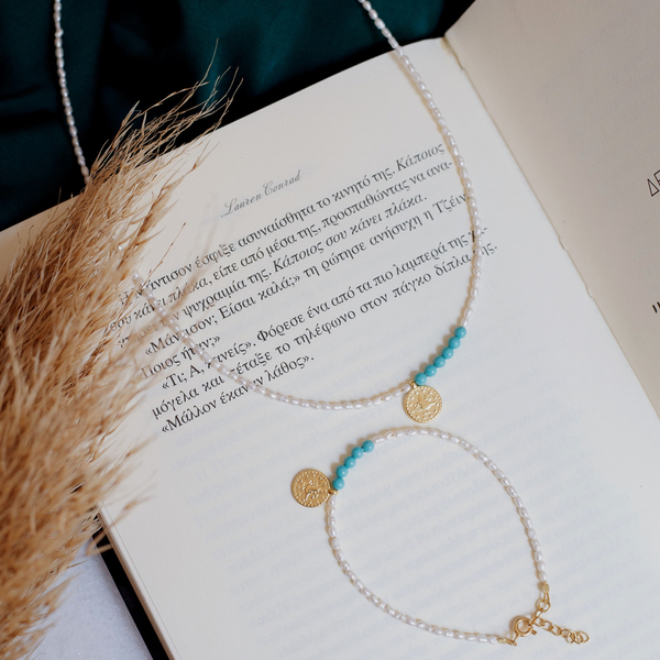 Summer necklace pearls and coin 925° - ημιπολύτιμες πέτρες, επιχρυσωμένα, ασήμι 925, κοντά, πέρλες
