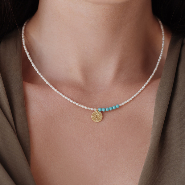 Summer necklace pearls and coin 925° - ημιπολύτιμες πέτρες, επιχρυσωμένα, ασήμι 925, κοντά, πέρλες - 2