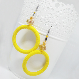 Σκουλαρίκια μεγάλοι κίτρινοι κρίκοι με χάντρες - statement, γεωμετρικά σχέδια, χειροποίητα, κρίκοι, μεγάλα σκουλαρίκια - 3