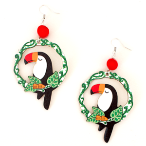 Ξύλινα σκουλαρίκια τουκάν| toucan earrings - κοράλλι, ξύλινα κοσμήματα